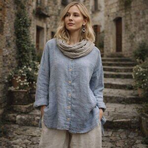 FLAX 100% Linen Lagenlook Blue Chambray Button Down Shirt L